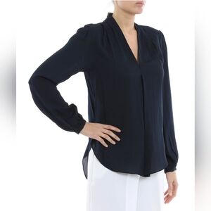 MICHAEL KORS V-Neck Long Sleeve Pleated Front Blouse In Deep Navy Sz Large